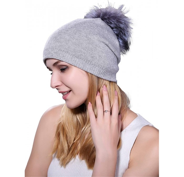 Skullies & Beanies Women Winter Kintted Beanie Hats with Real Fox Fur Pom Pom - Z-light Grey 2 - CI18KC84W9U $36.59