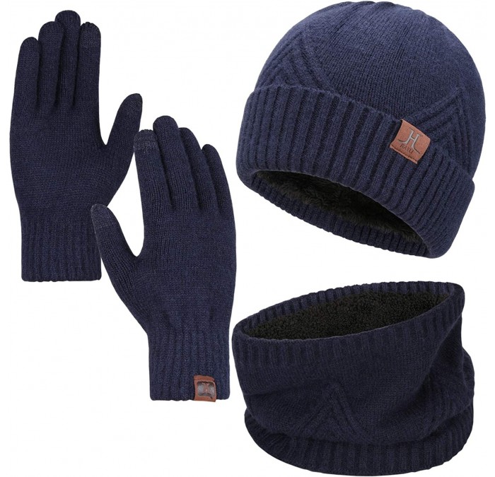 Skullies & Beanies Men's Winter Warm Thick Knit Beanie Hat & Scarf & Touchscreen Gloves Set for Men - 2-navy Blue - CN18ZA5KD...