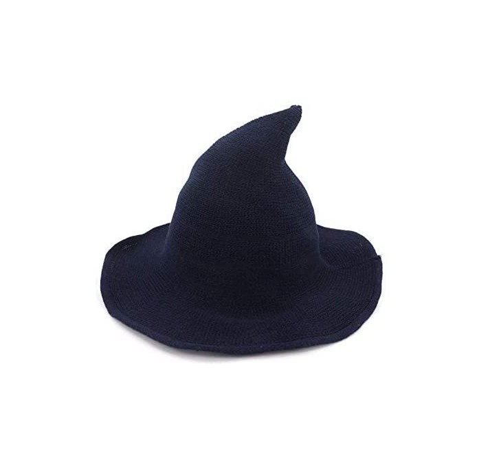 Fedoras US Womens Fashions Cute Wool Big Brimmed Witch Pointed Hats Knitted Wizard's Solid Color Bucket Cap - Navy Blue - C81...