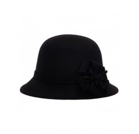 Bucket Hats Women Warm Wool Felt Church Cloche Cap Bucket Hat Bowler Hats with Flower Band - Balck - CF189Y85DIG $17.75