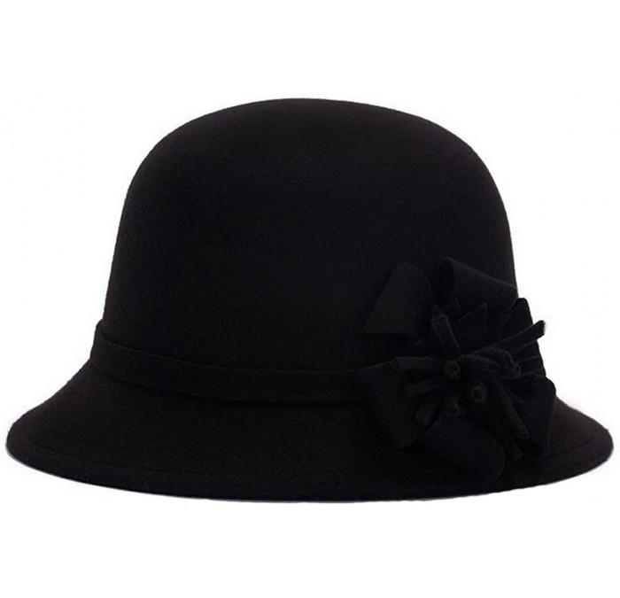 Bucket Hats Women Warm Wool Felt Church Cloche Cap Bucket Hat Bowler Hats with Flower Band - Balck - CF189Y85DIG $7.67