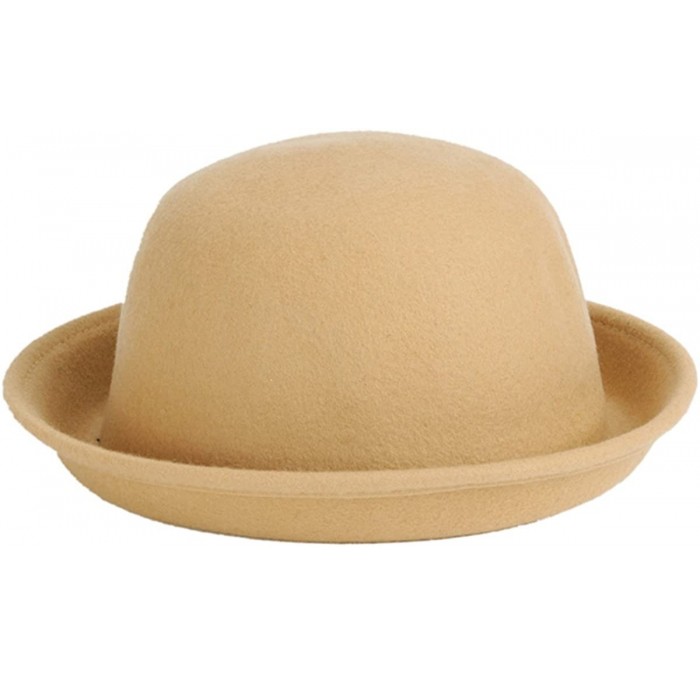Fedoras Women's Roll-up Brim Bowler Hat Wool Felt Fedora Hat Panama Jazz Hat - Beige - C2182EMA5GL $25.85