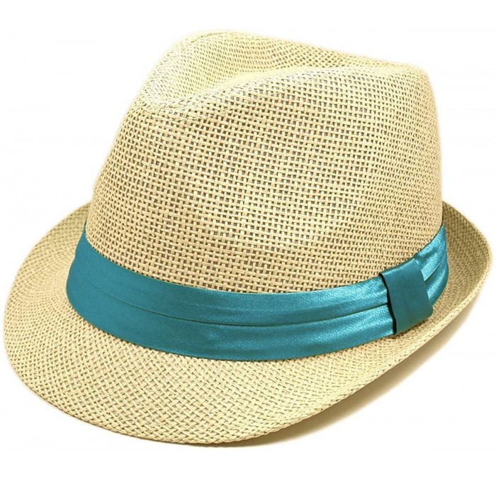 Fedoras Classic Natural Fedora Straw Hat Band Available - Light Blue Band - CL11ZQ1VNRT $9.80
