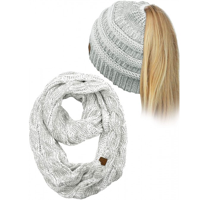 Skullies & Beanies BeanieTail Messy High Bun Cable Knit Beanie and Infinity Loop Scarf Set - Ivory/Silver Metallic - CC18KHC4...