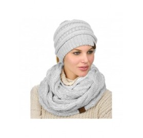 Skullies & Beanies BeanieTail Messy High Bun Cable Knit Beanie and Infinity Loop Scarf Set - Ivory/Silver Metallic - CC18KHC4...