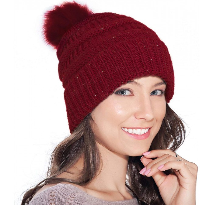 Skullies & Beanies Fur Pom Pom Beanie for Women Hat Winter Knit Wool Hats Warrm Soft Skull ski Cap - Red - C818XIX7YDA $17.67