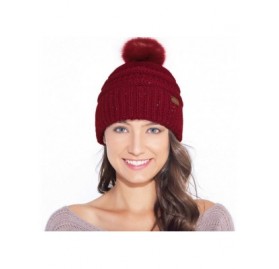 Skullies & Beanies Fur Pom Pom Beanie for Women Hat Winter Knit Wool Hats Warrm Soft Skull ski Cap - Red - C818XIX7YDA $8.96