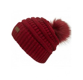 Skullies & Beanies Fur Pom Pom Beanie for Women Hat Winter Knit Wool Hats Warrm Soft Skull ski Cap - Red - C818XIX7YDA $8.96