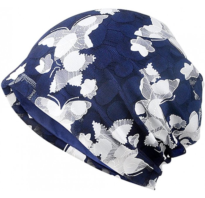 Skullies & Beanies Womens Cotton Beanie Lace Turban Soft Sleep Cap Chemo Hats Fashion Slouchy Hat - Navy - CP1887TGGOD $20.54