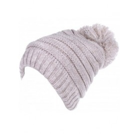 Skullies & Beanies Women's Winter Warm Fleece Lined Rib Knit Faux Fur Pom Beanie Snow Ski Hat - Stripe-heather Beige - CK186E...