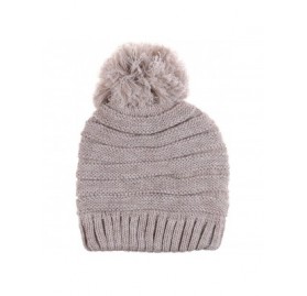 Skullies & Beanies Women's Winter Warm Fleece Lined Rib Knit Faux Fur Pom Beanie Snow Ski Hat - Stripe-heather Beige - CK186E...