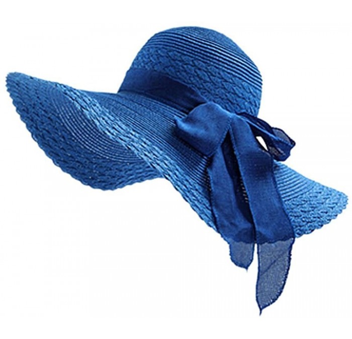 Sun Hats Womens Sun Straw Hat Foldable Large Wide Brim Travel Beach Bow Bucket Cord Visor Cap - Blue - CG17YKWSQWG $32.30