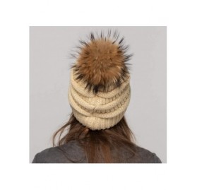 Skullies & Beanies Women Winter Knitted Beanie Pompom Hat Warm Solid Skull Ski Caps Real Raccoon Fur Ball Furry Acrylic - Bei...
