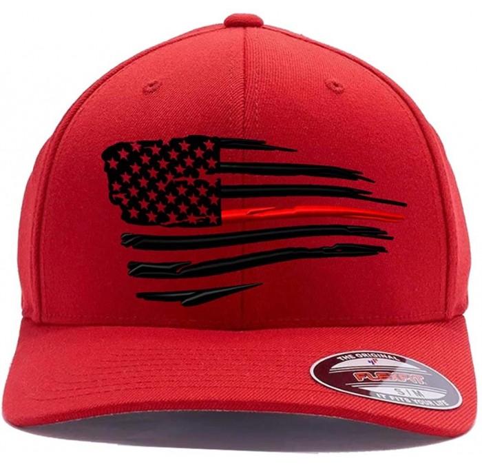 Baseball Caps Thin Red Line/Blue Line Waving USA Flag. Front & Back Embroidered- Flexfit 6277 Wooly Combed Cap. - Red - CB18G...