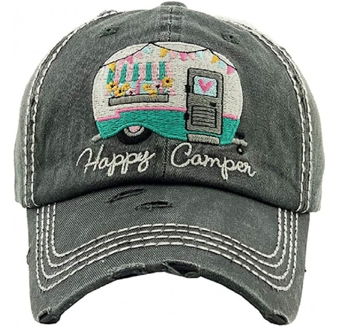 Baseball Caps Adjustable Happy Camper Distressed Baseball Cap Hat - Black Gray Turquoise - CK199GXQ40H $34.48