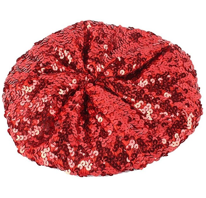 Berets Women's Fashion Fun Sparkle Sequins Shimmer Stretch Beret Beanie Hat - Red - C012J28GRLD $22.66