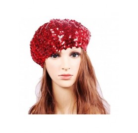 Berets Women's Fashion Fun Sparkle Sequins Shimmer Stretch Beret Beanie Hat - Red - C012J28GRLD $9.98