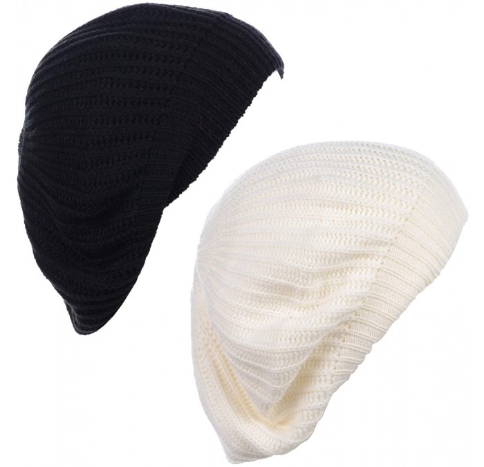 Berets Ladies Winter Solid Chic Slouchy Ribbed Crochet Knit Beret Beanie Hat W/WO Flower Adornment - C918X8WRQ52 $39.46