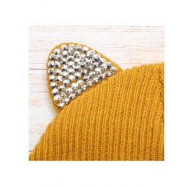 Skullies & Beanies Women's Soft Warm Embroidered Meow Cat Ears Knit Beanie Hat with Stone Embellished - Mustard - CT18Y5WINNW...