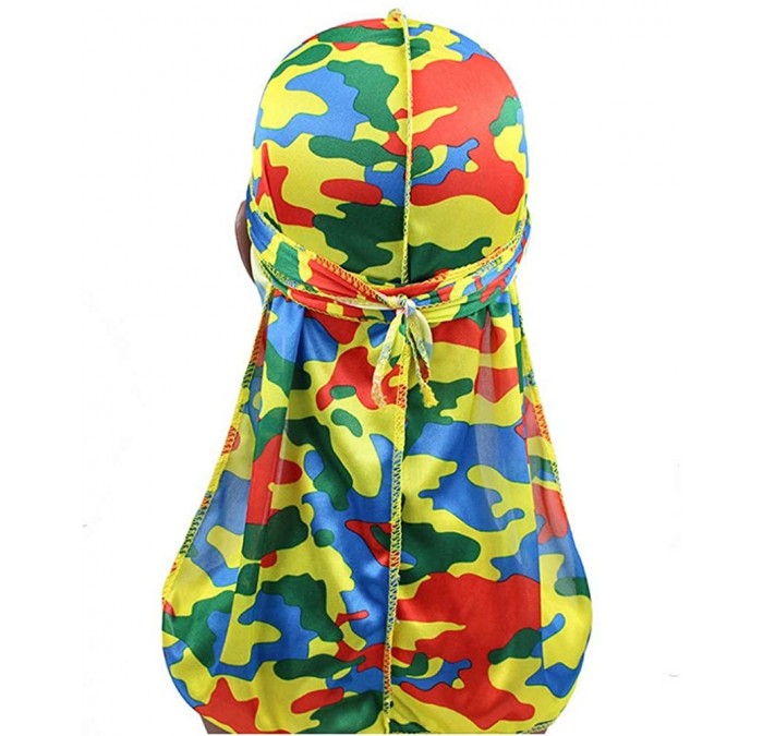 Skullies & Beanies Silky Durag for Men and Women- Star Floral Camouflage Print Long Tail Caps Headwraps Turban - Yellow-green...