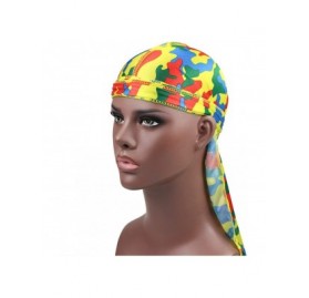 Skullies & Beanies Silky Durag for Men and Women- Star Floral Camouflage Print Long Tail Caps Headwraps Turban - Yellow-green...