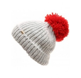 Skullies & Beanies Women's Winter Ribbed Knit Soft Warm Chunky Stretchy Beanie hat with 5" Large Pom Pom - Grey / Red - CZ18I...
