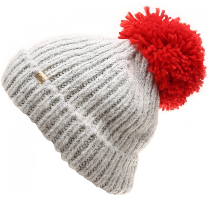 Skullies & Beanies Women's Winter Ribbed Knit Soft Warm Chunky Stretchy Beanie hat with 5" Large Pom Pom - Grey / Red - CZ18I...