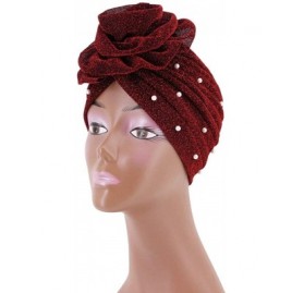 Skullies & Beanies African Printing Turban Cap Hairwrap Headwear Sleep Chemo Bonnet Hat Beanie for Women - Wine Red Shiny Tur...