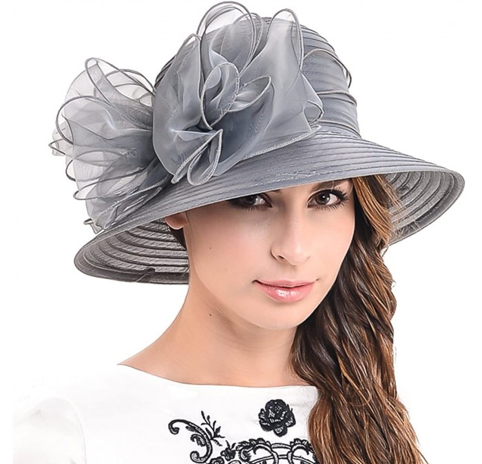 Sun Hats Ascot Kentucky Derby Bowler Church Cloche Hat Bowknot Organza Bridal Dress Cap S051 - Grey - CG12F2NEV8X $24.89