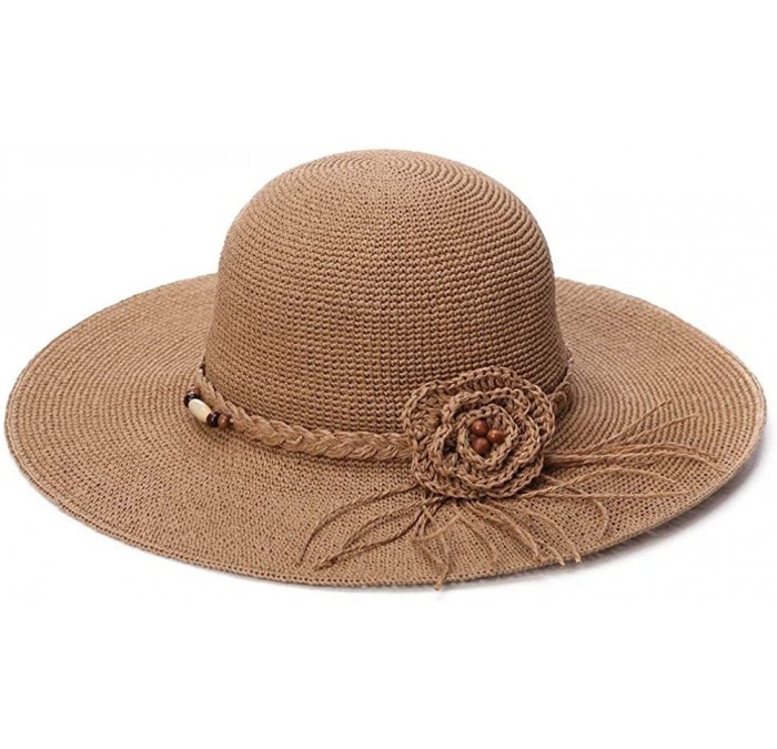 Sun Hats Womens Hand-Crocheted Straw Floppy Sun Hat Foldable UPF Beading Decoration - 89035_beige - CK17YGOG284 $32.04