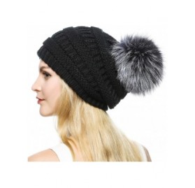 Skullies & Beanies Womens Girls Winter Knitted Slouchy Beanie Hat with Real Large Silver Fox Fur Pom Pom Hats - Slcouh Black ...