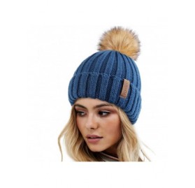 Skullies & Beanies Womens Winter Knitted Beanie Hat with Faux Fur Pom Warm Knit Skull Cap Beanie for Women - 18-wood Blue - C...