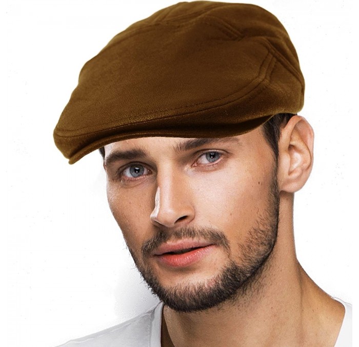 Newsboy Caps Men's Thick Faux Leather 7 Panel Flat Golf Ivy Driver Cabbie Cap Hat - Brown - CZ186GY0W59 $10.19