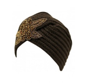 Skullies & Beanies Winter Knit Turban Beanie with Beaded Flower - Brown - C3110Q0JUY3 $21.92