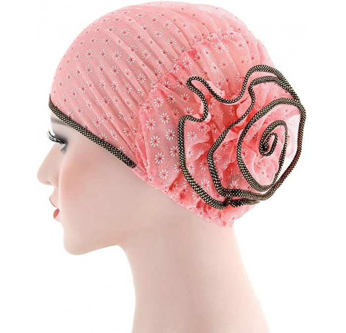 Skullies & Beanies Islamic Muslim Hijab Cap Women Flower Turban Hat Cotton Headwrap Scarf - Pink - CE18DLQTEHO $15.77