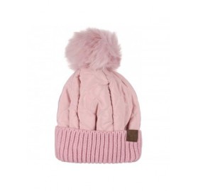 Skullies & Beanies Soft Quilted Puffer Detachable Faux Fur Pom Inner Lined Cuff Beanie Hat - Rose - CT18KAI0HCR $20.89