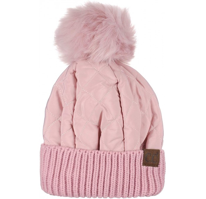 Skullies & Beanies Soft Quilted Puffer Detachable Faux Fur Pom Inner Lined Cuff Beanie Hat - Rose - CT18KAI0HCR $20.89