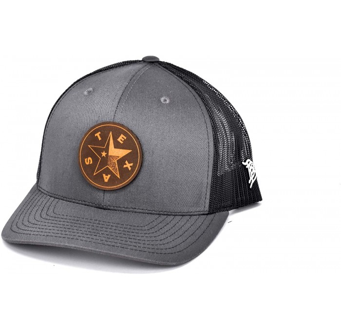 Baseball Caps Texas 'The Lone Star' Leather Patch Hat Curved Trucker - Charcoal/Black - CE18IGQ4GS4 $48.29