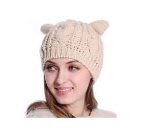 Skullies & Beanies Women Winter Thick Cable Knit Beanie Hat Cat Ear Crochet Braided Knit Caps - Beige - CG187ELHXDI $7.46