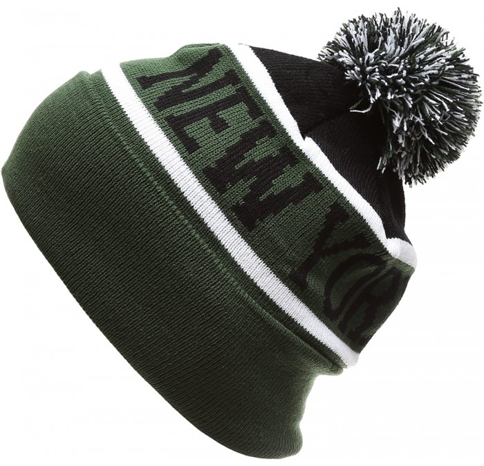 Skullies & Beanies USA Favorite City Cuff Winter Knitted Pom Pom Beanie Hat. - New York-greenblack - CF186ZLLHIA $7.72