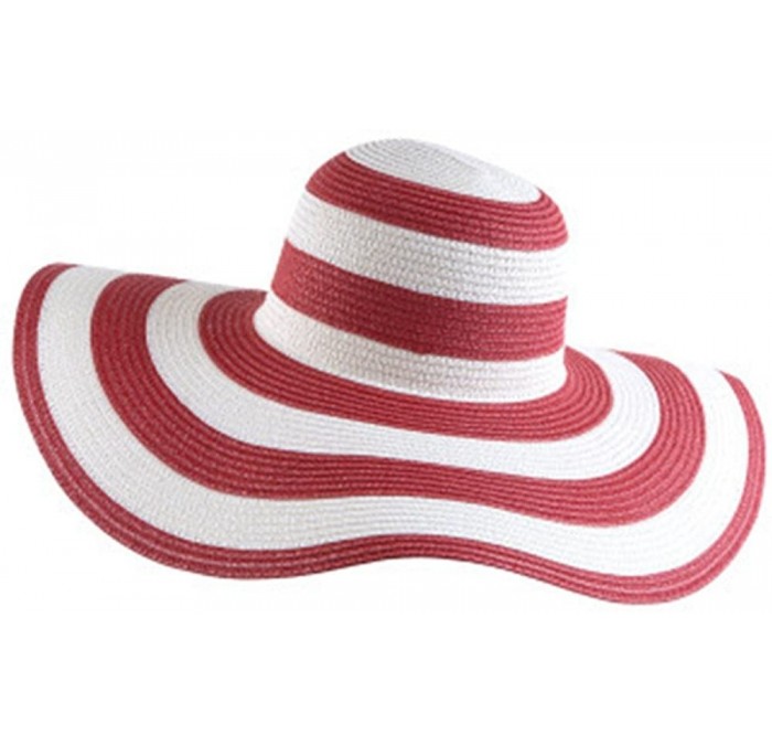Sun Hats Floppy Wide Brim Straw Hat Women Summer Beach Cap Sun Hat - Red and White Striped - CP18DQZDAOT $23.43