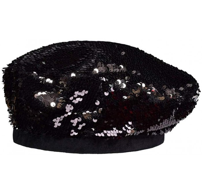 Berets Women Bling Sequins Beret Hats Sparkly Beanies Shining Performance Cap - Black - C718OXMR84A $27.23