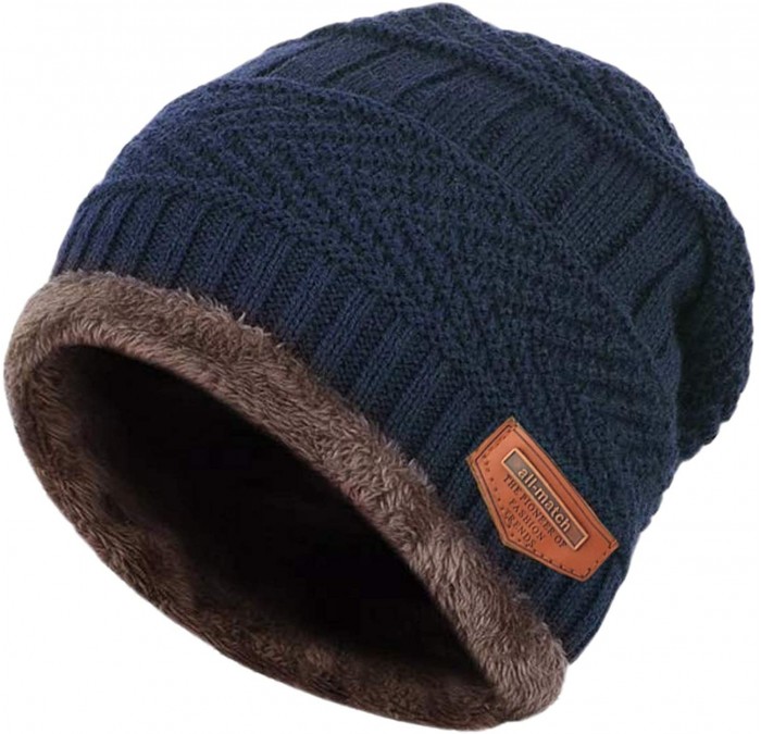 Skullies & Beanies Winter Beanie hat- Warm Knit Hat Thick Fleece Lined Winter Hat for Men Women - Navy Blue - CL18X05KD0R $9.01