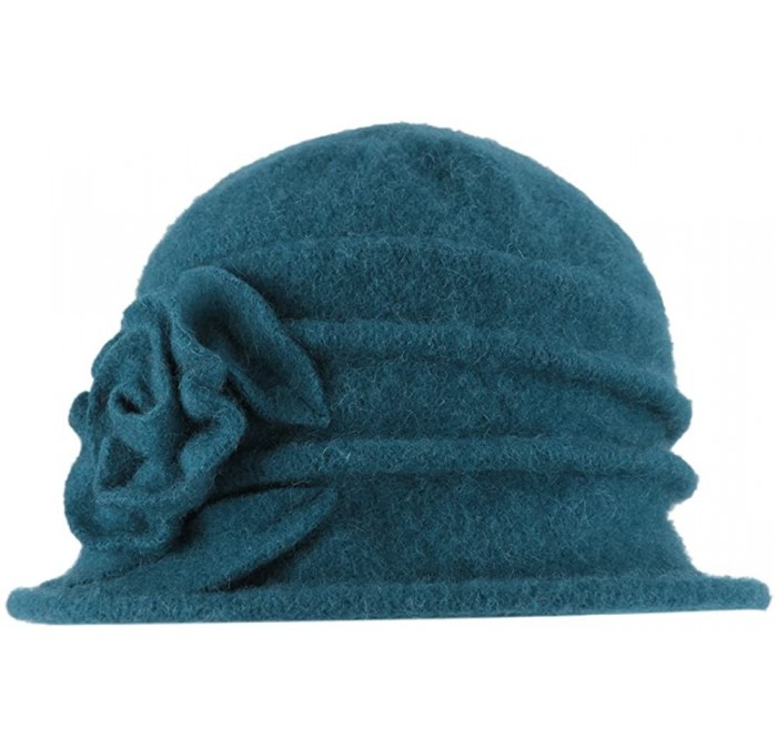 Bucket Hats Women's Elegent Floral Trimmed Wool Blend Cloche Winter Hat Party Hearwear - Blue - C412O2QW4P6 $17.94
