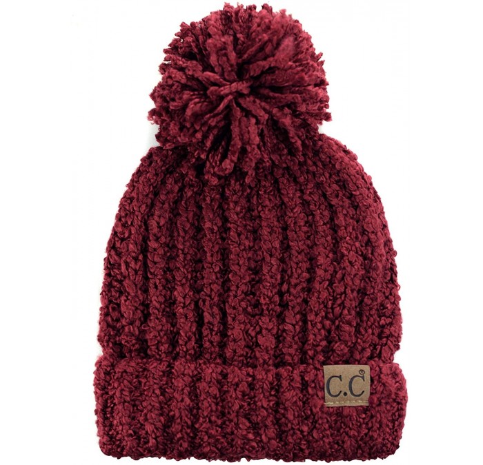 Skullies & Beanies Women's Chenille Soft Stretchy Pom Cuffed Knit Beanie Cap Hat - Burgundy - CU18IQGXCQ6 $15.19