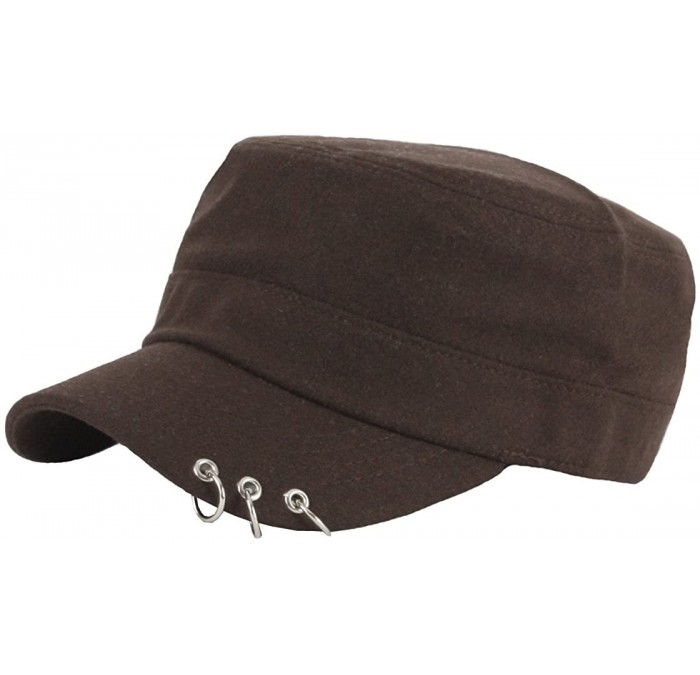 Baseball Caps A148 Winter Wool Fabric Silver Ring Piercing Golf Army Cap Cadet Military Hat - Darkbrown - CQ12N6EK81O $34.39