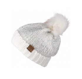 Skullies & Beanies Women's Faux Fur Pom Shiny Metallic Finished Knit Beanie Hat - Ivory/Silver - CY18IQGLLIE $17.80
