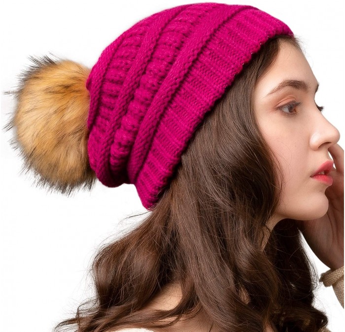 Skullies & Beanies Womens Winter Knit Slouchy Beanie Hat Warm Skull Ski Cap Faux Fur Pom Pom Hats for Women - CK18A8OWK40 $22.98