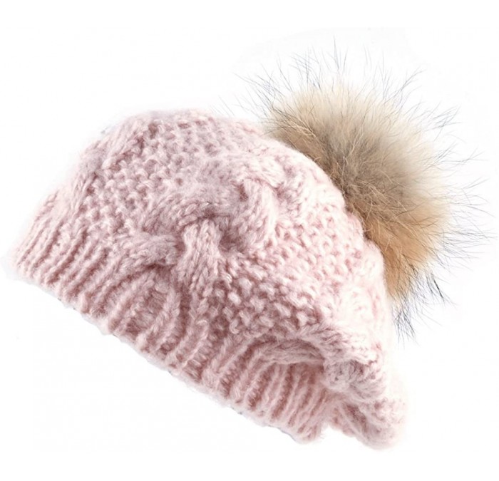 Skullies & Beanies Women Warm Knitting Cuffed Fluffy Pom Pom Beret Beanie - Pink - C912O5BE0PI $10.44