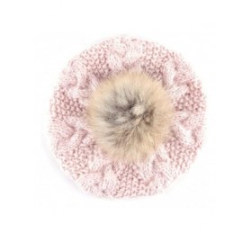 Skullies & Beanies Women Warm Knitting Cuffed Fluffy Pom Pom Beret Beanie - Pink - C912O5BE0PI $10.44